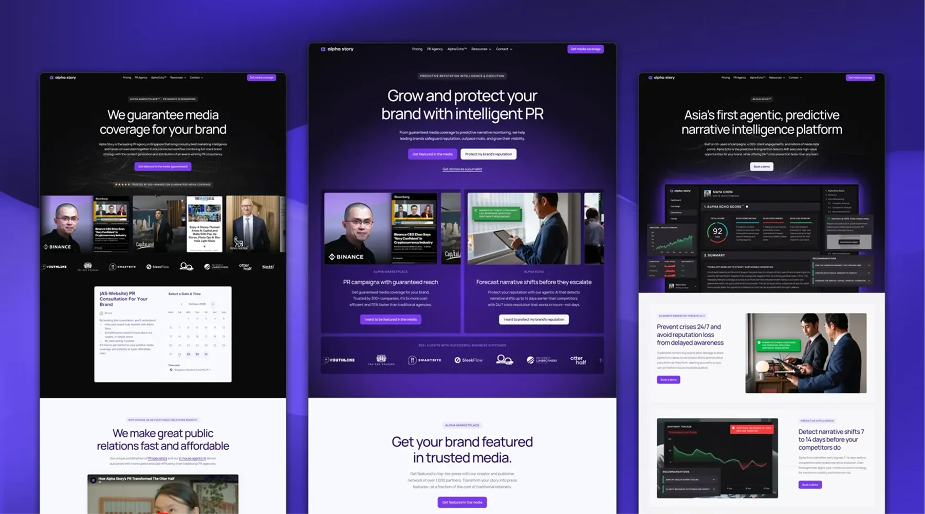 Website landing page for Alpha Story showing three sections: media coverage guarantee, brand protection with PR, and predictive narrative intelligence platform with screenshots of services and interface.