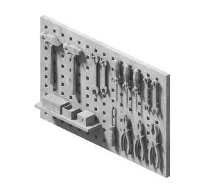 Gray pegboard mounted with various hand tools including hammers, wrenches, screwdrivers, and pliers.