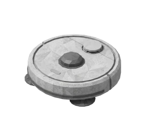 Round gray stone button with a geometric central bump and a smaller circular bump near the edge.