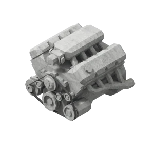 3D model of a car engine with visible pulleys and cylinder heads.