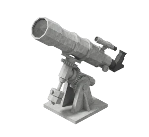 Gray metal telescope mounted on a mechanical base with gears and a counterweight.