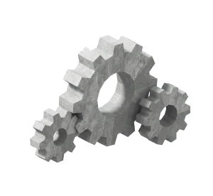 Three interconnected gray metal gears of different sizes.