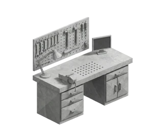 Work desk with pegboard holding various tools, a computer monitor, desk lamp, and a vise attached to the tabletop.